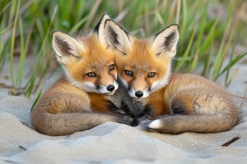 Obraz premium Wild baby red foxes cuddling at the beach, June 2020, Nova Scotia, Canada, ai