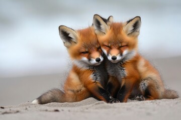Obraz premium Wild baby red foxes cuddling at the beach, June 2020, Nova Scotia, Canada, ai