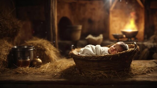 Baby Jesus in the manger, christian background, motion loop
