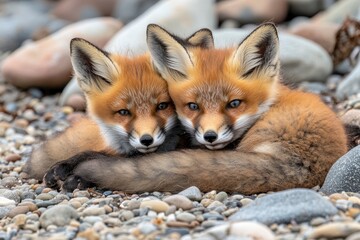 Fototapeta premium Wild baby red foxes cuddling at the beach, June 2020, Nova Scotia, Canada, ai