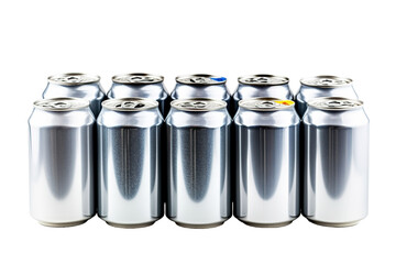 A Group of Shiny Aluminum Cans Lined Up on a White Surface in Bright Lighting on Transparent PNG Background.