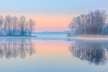 Peaceful Lakeside Dawn with Misty Reflection and Serene Atmosphere