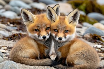 Fototapeta premium Wild baby red foxes cuddling at the beach, June 2020, Nova Scotia, Canada, ai