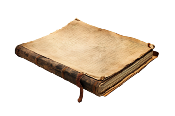 Ancient, Weathered Leather-Bound Book With Fragile Pages Resting on a Rustic Wooden Surface on Transparent PNG Background.