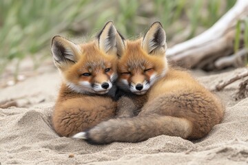 Fototapeta premium Wild baby red foxes cuddling at the beach, June 2020, Nova Scotia, Canada, ai