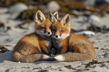 Obraz premium Wild baby red foxes cuddling at the beach, June 2020, Nova Scotia, Canada, ai