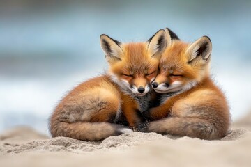 Naklejka premium Wild baby red foxes cuddling at the beach, June 2020, Nova Scotia, Canada, ai