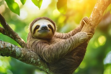 Fototapeta premium Funny sloth hanging on tree branch, cute face look, perfect portrait of wild animal in the Rainforest of Costa Rica scratching the belly, Bradypus variegatus, brown-throated three-toed sloth, ai