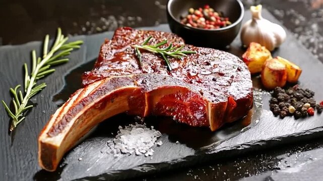 Tomahawk steak made of Wagyu on a slate background