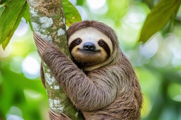 Fototapeta premium Funny sloth hanging on tree branch, cute face look, perfect portrait of wild animal in the Rainforest of Costa Rica scratching the belly, Bradypus variegatus, brown-throated three-toed sloth, ai