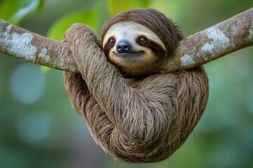 Fototapeta premium Funny sloth hanging on tree branch, cute face look, perfect portrait of wild animal in the Rainforest of Costa Rica scratching the belly, Bradypus variegatus, brown-throated three-toed sloth, ai