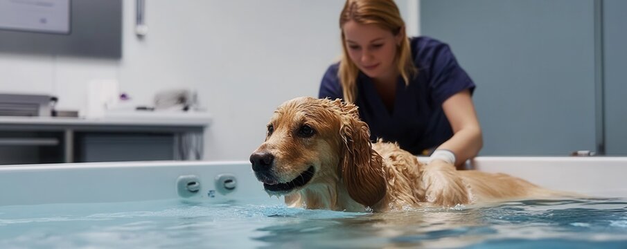 Dog in a hydrotherapy pool with a vet assistant