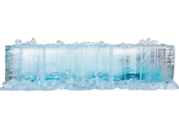Translucent Ice Sculpture Glimmering Under Soft Winter Sunlight Displaying Intricate Details in a Frosty Rural Landscape on Transparent PNG Background.