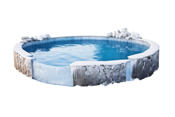 Serene Circular Pool Surrounded by Ice and Snow in a Winter Wonderland on Transparent PNG Background.