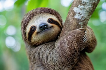 Fototapeta premium Funny sloth hanging on tree branch, cute face look, perfect portrait of wild animal in the Rainforest of Costa Rica scratching the belly, Bradypus variegatus, brown-throated three-toed sloth, ai