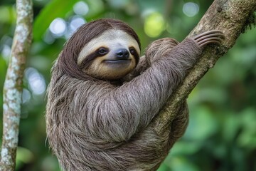 Fototapeta premium Funny sloth hanging on tree branch, cute face look, perfect portrait of wild animal in the Rainforest of Costa Rica scratching the belly, Bradypus variegatus, brown-throated three-toed sloth, ai