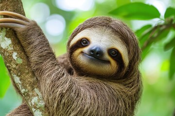 Fototapeta premium Funny sloth hanging on tree branch, cute face look, perfect portrait of wild animal in the Rainforest of Costa Rica scratching the belly, Bradypus variegatus, brown-throated three-toed sloth, ai