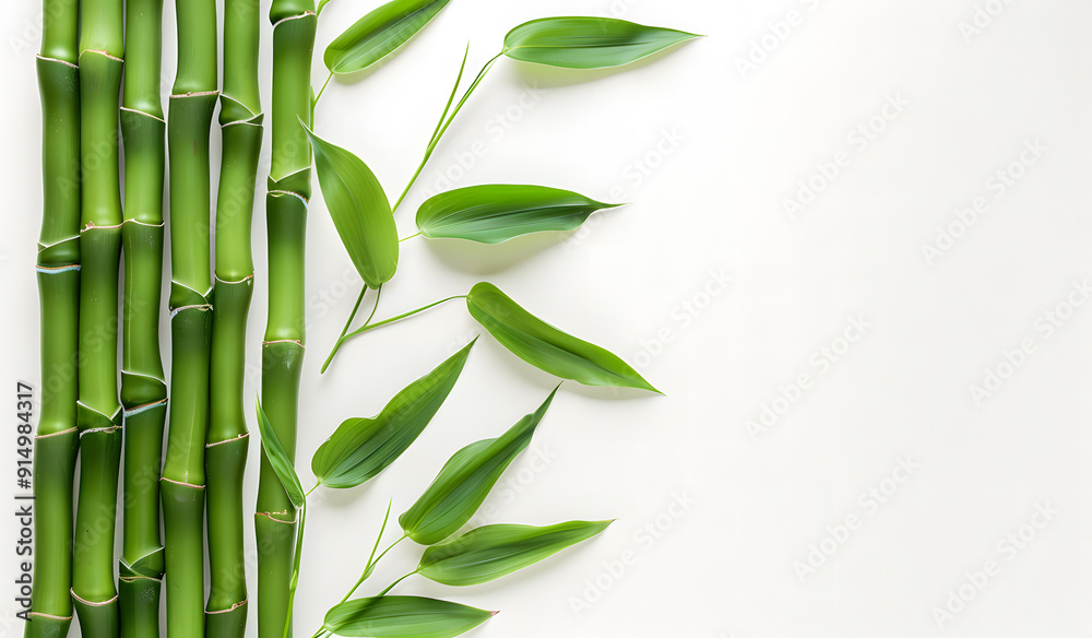 Fototapete Green bamboo with leaves isolated on a white background with clipping path and full depth of field isolated on a white background, design