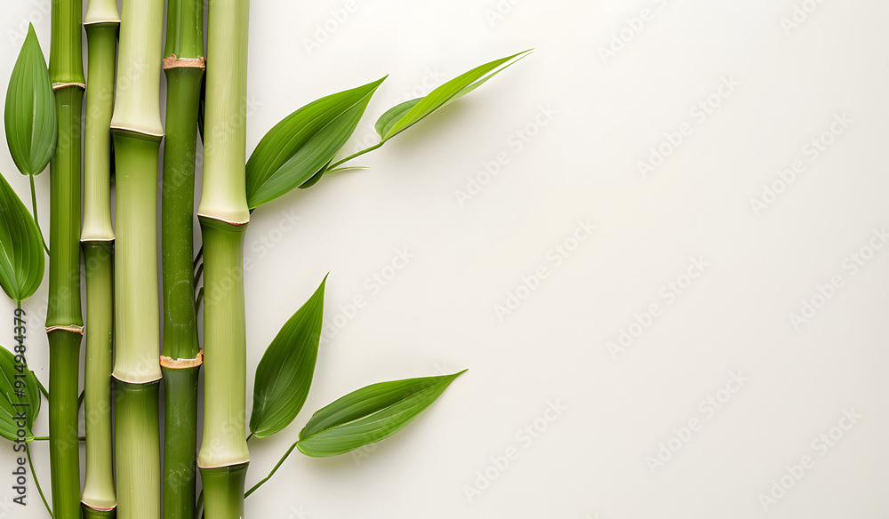 Fototapete Green bamboo with leaves isolated on a white background with clipping path and full depth of field isolated on a white background, design