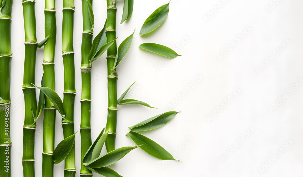 Fototapete Green bamboo with leaves isolated on a white background with clipping path and full depth of field isolated on a white background, design