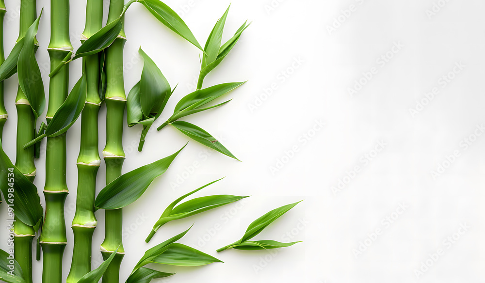 Fototapete Green bamboo with leaves isolated on a white background with clipping path and full depth of field isolated on a white background, design