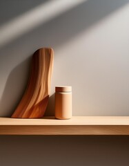 Minimalist wooden decor featuring a sculptural wood piece beside a smooth, pastel-toned jar on a clean, light shelf