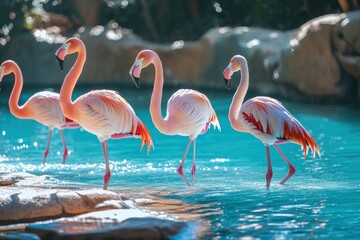 Wild african birds. Group birds of pink african flamingos walking around the blue lagoon on a sunny day , ai