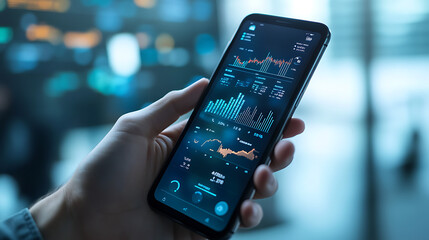 A hand holding a smartphone with an integrated fintech app showing real-time financial transactions and investments 