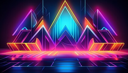 Naklejka premium Futuristic neon geometric shapes with vibrant colors illuminated against a dark background, creating a modern digital art effect