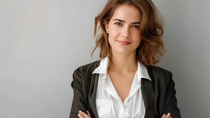 A confident young woman with arms crossed, smiling warmly at the camera.  She's wearing a white shirt and black blazer against a grey background.