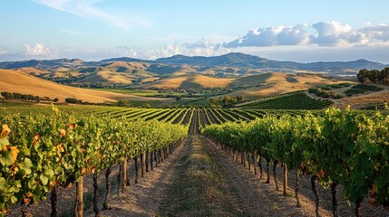 Naklejka premium A scenic vineyard with rows of grapevines and a view of rolling hills in the background