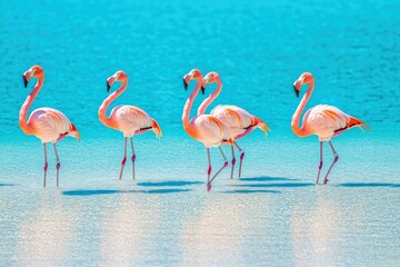 Obraz premium Wild african birds. Group birds of pink african flamingos walking around the blue lagoon on a sunny day , ai
