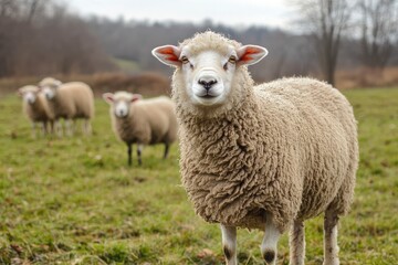 Obraz premium Sheep on pasture background, ai