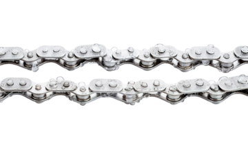 Intricate Silver Bicycle Chain Glimmering Under Bright Light Against a Clean Background on Transparent PNG Background.