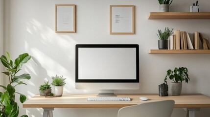 Fototapeta premium Modern Home Office Setup with Plants and Floating Shelves
