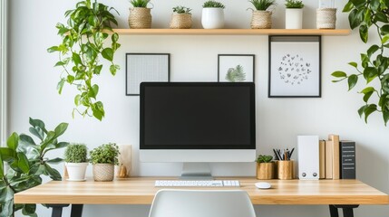 Modern Home Office Setup with Plants and Floating Shelves