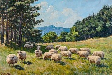 Obraz premium Sheep on pasture background, ai