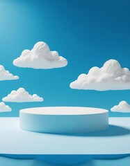Minimalist scene featuring a circular pedestal against a bright blue sky with fluffy white clouds, ideal for presentations or creative displays