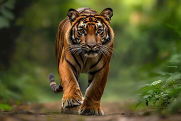 Obraz premium Proud Sumatran Tiger prowling towards the camera , ai