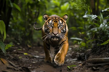 Proud Sumatran Tiger prowling towards the camera , ai