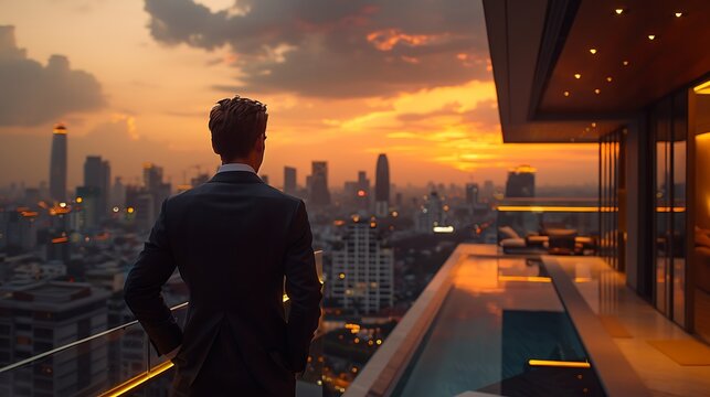 A refined gentleman in an elegant suit enjoying the view from a penthouse balcony, with a panoramic cityscape stretching out before him. The balcony is adorned with sleek, modern decor and soft,