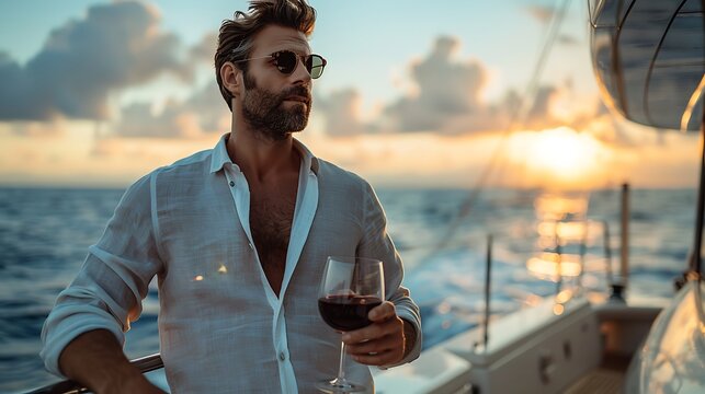 A sophisticated gentleman enjoying a glass of red wine on a private yacht, standing at the bow with the wind gently blowing.