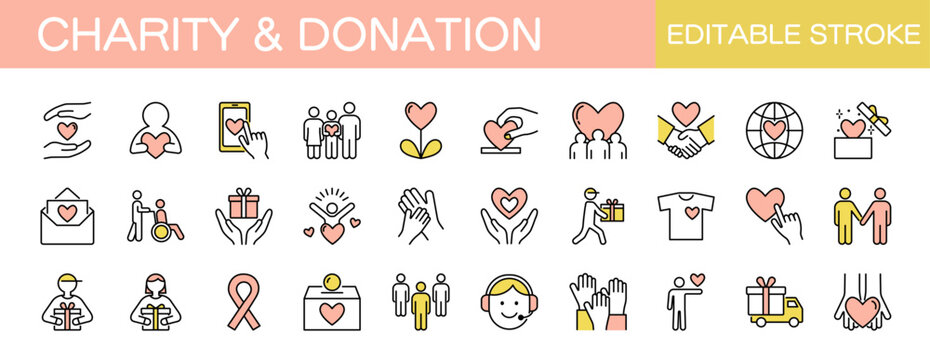 チャリティや寄付に関するアイコンセット　カラー