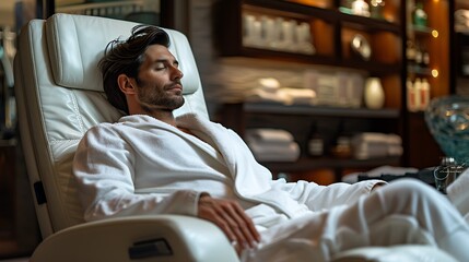 A stylish gentleman in a luxury spa, reclining in a plush chair while receiving a pedicure. The spa features modern decor, soothing lighting, and a serene ambiance,