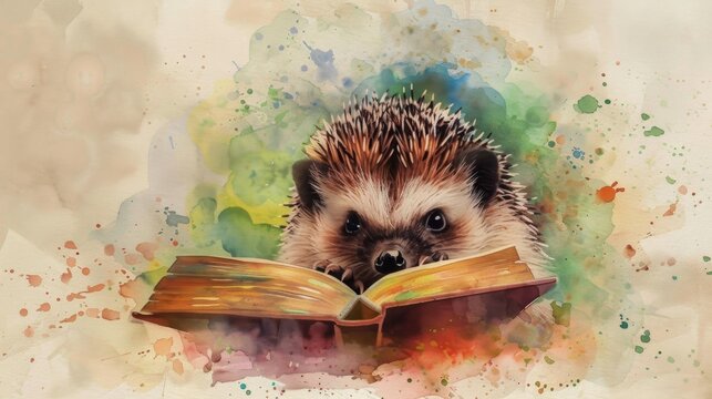 Adorable Hedgehog Reading a Book Watercolor Illustration. Book Lovers Day