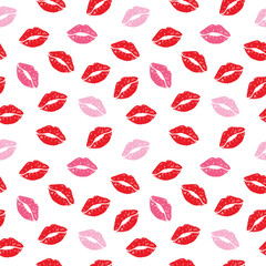 Seamless pattern of red and pink lipstick kiss marks on a white background, perfect for fashion, beauty, and Valentine’s Day designs. Ideal for textiles, decorations, and romantic themes