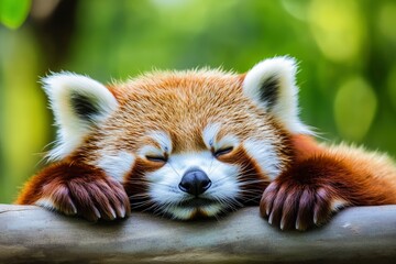 Fototapeta premium Sleeping Red Panda. Funny cute animal image, ai