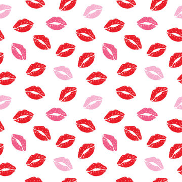 Seamless pattern of red and pink lipstick kiss marks on a white background, perfect for fashion, beauty, and Valentine&rsquo;s Day designs. Ideal for textiles, decorations, and romantic themes