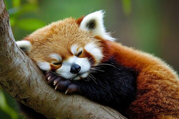 Fototapeta premium Sleeping Red Panda. Funny cute animal image, ai
