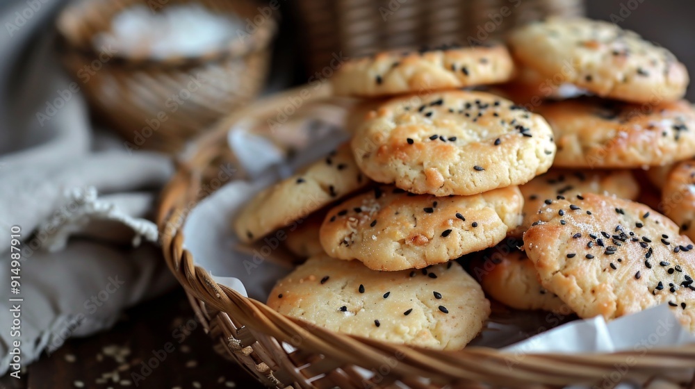 Sticker golden sesame seed baked puff pastries stacked on rack